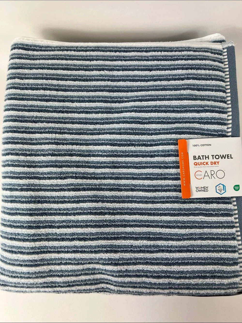 Caro Home Bath Towel Set  Striped Blue White Soft Cotton Quick Dry 2 Pc NEW